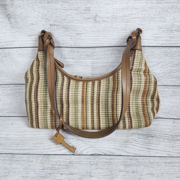 Fossil Boho Hobo Handbag Purse MultiColor Woven Textile Leather Zip Striped - Picture 1 of 10